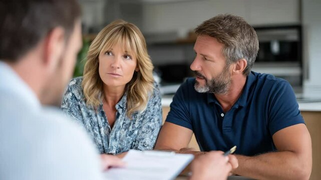 Middle aged couple discussing paperwork with advisor home kitchen table, serious and thoughtful expressions, financial planning consultation and discussion, paperwork review, middle aged man