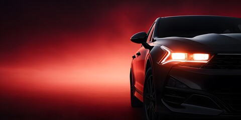 Modern Car with Illuminated Headlights Against a Red Gradient Background