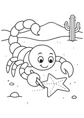 Coloring book scorpion, with a cheerful expression, traces a star shape in the sand with a stick