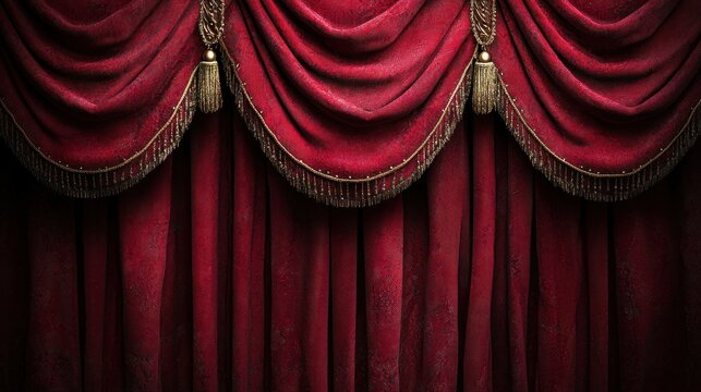 Vintage, deep crimson velvet theater curtains