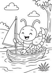 Coloring book scorpion, with a happy expression, stands in a small boat with a sail, navigating through water