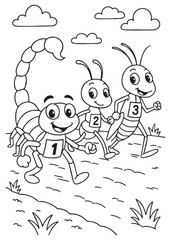 Coloring book scorpion, an ant, and a cricket are engaged in a lively race