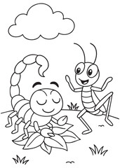 Coloring book scorpion and a cheerful cricket are happily dancing in a field under a cloud
