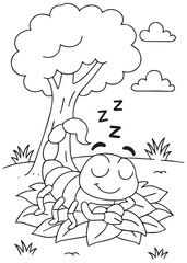 Coloring book scorpion is peacefully sleeping in a nest of leaves under a tree