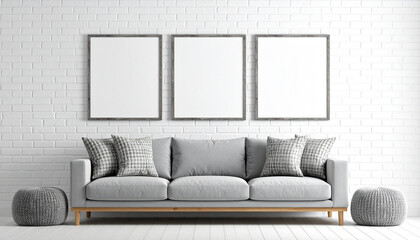 Comfort and Design: A contemporary living space showcases a cozy gray sofa and three framed art pieces against a brick wall, offering ample room for personalization and design inspiration.