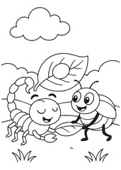 Coloring book scorpion and a happy beetle are friends, touching leaves together