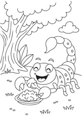 Coloring book scorpion with big eyes and a happy expression is eating from a bowl, with a tree and bushes in the background.