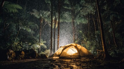 Illuminated Tent in Tropical Rainforest Night Rain Dramatic Scene Lush Foliage Dark Atmosphere Camping Adventure Illuminated Tent Under Heavy Rain wet palm mood gold trees light   