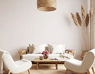 Serene Living Space: Experience the calm ambiance of this interior, with its natural textures and muted tones creating a perfect sanctuary for relaxation. capturing the essence of home.