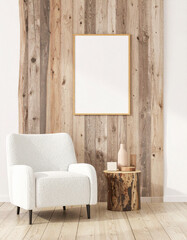 Elegant Room Interior: The harmonious blend of a modern armchair, rustic wood paneling, and minimalist decor creates a serene ambiance in this expertly styled room.