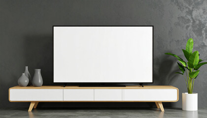 Modern TV Setup in Living Room: A contemporary living room showcases a sleek television with a blank screen, elegantly placed on a wooden stand.