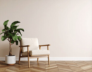 Cozy Corner: An inviting interior scene features a wooden armchair, complemented by a potted plant, set against a backdrop of a neutral wall and a natural wooden floor, creating a serene atmosphere.
