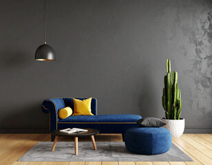 Interior Decor Delight: A chic and contemporary interior design scene showcases a vibrant blue chaise lounge paired with a matching ottoman, accented by a decorative coffee table and a tall cactus.
