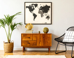 Cozy Room Décor with World Map: A stylish and inviting room interior, featuring a detailed world map above a vintage wooden cabinet, complimented by a houseplant and decorative accessories.