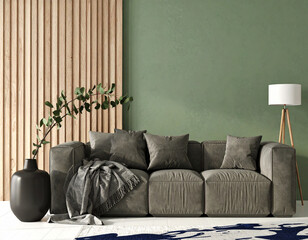 Modern living room interior:Stylish and cozy living space with a large sofa, elegant decor, and warm lighting, perfect for relaxation and entertaining.