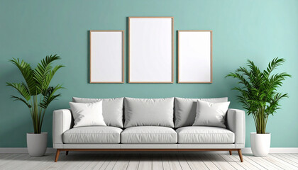 Modern Living Room Interior: Showcase white sofa complemented by lush houseplants and three framed poster for design, set against a serene wall.