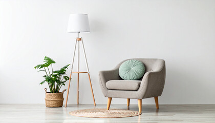 Minimalist Interior with Accent Chair: A simple interior design showcases an elegant chair with a decorative cushion, complemented by a modern floor lamp and a potted plant for a touch of greenery.