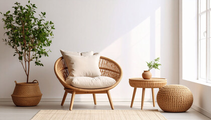 Serene Interior: A bright and inviting interior scene featuring a natural wicker chair, complemented by matching side table, a decorative woven ottoman, and a lush potted plant.