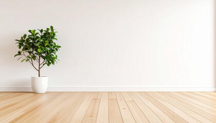 Indoor Plant with Empty Space: A solitary, vibrant green plant in a white pot stands gracefully against the backdrop of a clean, uncluttered space.