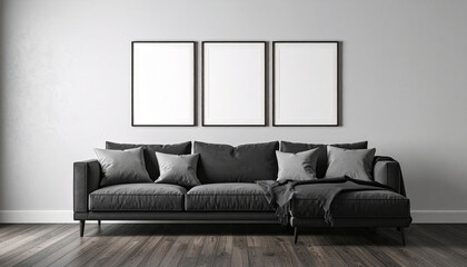 Elegant Living Room: A modern living room featuring a comfortable sofa, pillows, blanket, and three blank picture frames on a wall. Wooden flooring adds a touch of warmth.