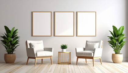 Serene Modern Living Room Interior: The minimalist decor with frames, chairs and plants, creating a sense of calm and sophistication in a bright, inviting space.