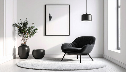 Monochrome Minimalist Room Interior: A serene corner of a minimalist room with round carpet, featuring a comfortable black armchair, stylish black decoration vase.