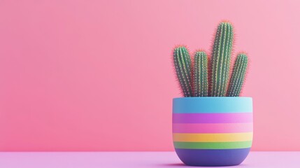 Colorful cactus in pot against pink background.