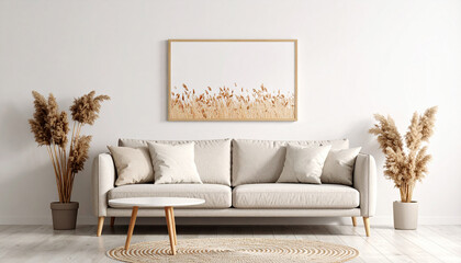 Serene Living Room Interior Design: A stylish and inviting living room bathed in natural light. Featuring a comfortable neutral-toned sofa, a sleek coffee table, and decorative dried plants.