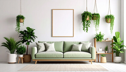 Cozy Corner: An interior design scene showcases a inviting living area, featuring a stylish green sofa adorned with plush cushions, surrounded by lush green plants in pots.