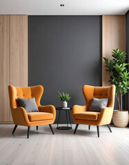 Cozy Comfort: Two inviting armchairs, draped in a warm orange hue, stand sentinel in a minimalist living space, awaiting moments of relaxation.