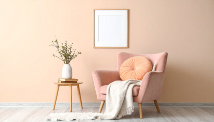 Interior Tranquility: An inviting living space showcases a sophisticated, light-filled interior, with a blank framed picture hanging above a soft, pastel-toned armchair.