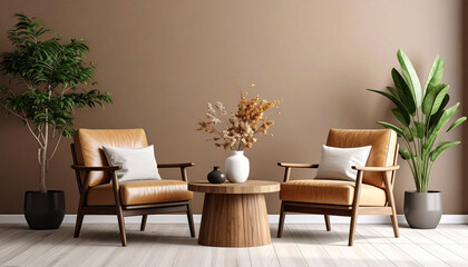 Chairs in Calm Living Room: A cozy, inviting living room scene showcasing two leather armchairs facing a wooden coffee table, flanked by lush potted plants, all set against a warm tan wall.