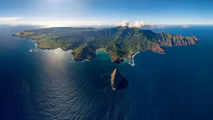 magnificent aerial view of the island of UA HUKA in the Marquesas archipelago in French Polynesia