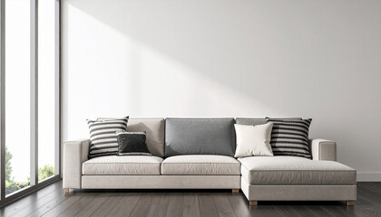 Modern Living Room: A cozy, contemporary living space featuring a stylish sofa and ample natural light pouring in through large windows, creating a serene atmosphere.