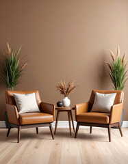 Sophisticated Lounge Corner: A contemporary and inviting living space, featuring two elegant leather armchairs flanking a minimalist side table with a stylish vase, and lush greenery.