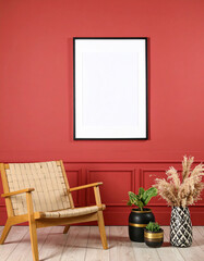 Interior Decor: Artfully designed interior with framed artwork on a richly hued wall, and a carefully curated chair and floral arrangements creating a sense of calm and sophisticated design.