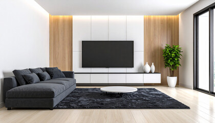 Modern Living Room Interior: A bright and airy living space showcases modern design elements, featuring a comfortable grey sofa, a sleek entertainment unit with a large screen television.