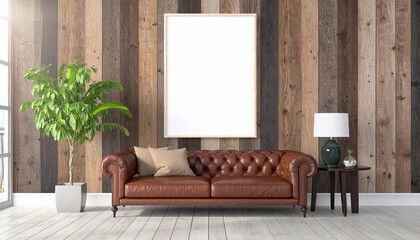 Cozy Living Room Interior Design: A beautifully arranged living room, complete with a leather sofa, potted plant, side table, lamp, and a blank canvas framed on the wooden wall.