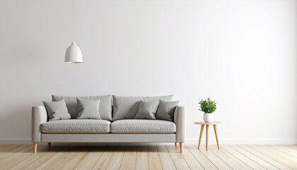 Minimalist Living Space: An inviting and well-lit interior scene that features a sleek gray sofa, small round table, potted plant, and stylish pendant light fixture.