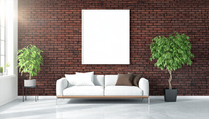 Serene Living Room Oasis: Minimalist living room design showcasing a modern sofa with stylish cushions, an armchair, a coffee table, and lush indoor greenery. a sense of spaciousness and tranquility.
