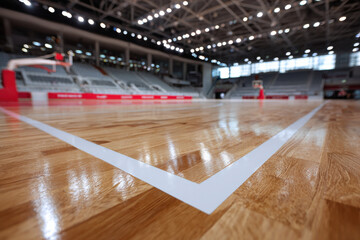 Interior view of a basketball arena highlighting polished wooden court flooring