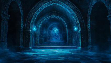 A mysterious ancient tunnel made of shimmering blue crystal arches, rising up stone stairs towards the distant horizon, creating a magical and enchanting atmosphere.