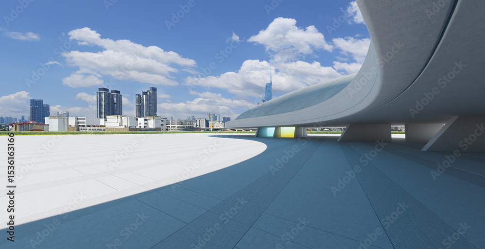 Poster 3d rendering modern architecture shaping urban skyline with empty square and futuristic structure