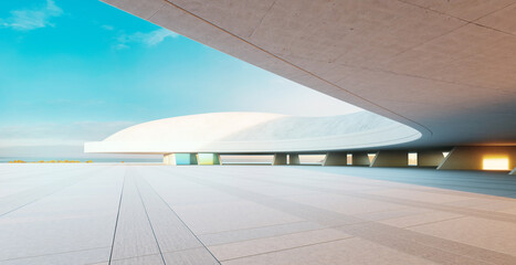 3d rendering modern architecture building exterior with empty square and sea view under blue sky