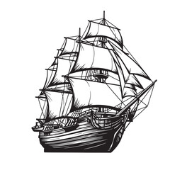 A bold monochrome silhouette of a classic sailing ship illustration showcasing detailed sails and nautical design on a white background
