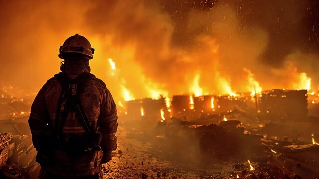 Courage in the Inferno: A firefighter stands resolute, silhouetted against a raging inferno. Flames devour structures in a destructive display of force. The scene evokes raw emotion.