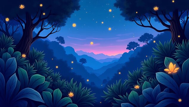 Flat cartoon jungle landscape with layered foliage, vines, and glowing bugs. Nighttime side-scrolling animation with parallax effect.