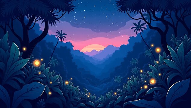 Flat cartoon jungle landscape with layered foliage, vines, and glowing bugs. Nighttime side-scrolling animation with parallax effect.
