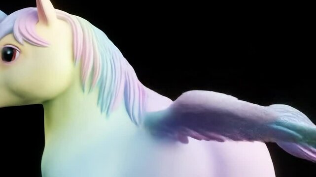Rainbow Winged Unicorn Powerfully Flaps its Wings on Black Background