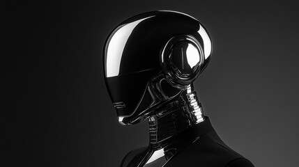 Chrome robot head in profile, wearing a black suit against a dark background.